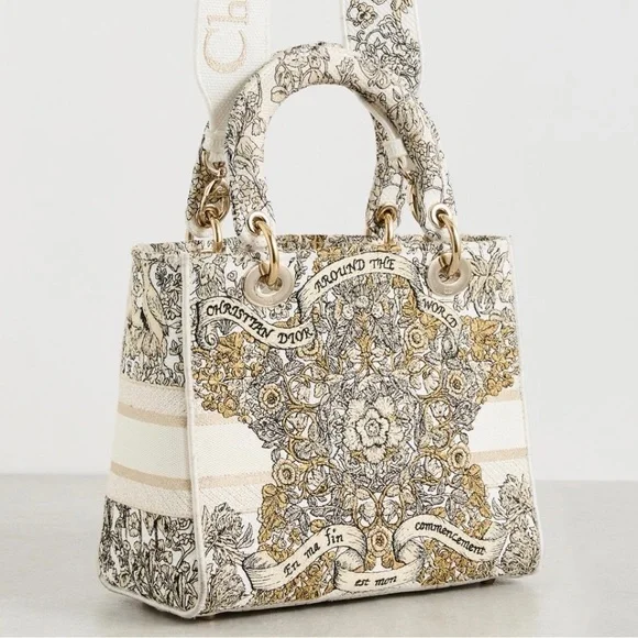 Christian Dior Cream & Gold Embroidered Lady Dior Tote - Picture 3 of 17